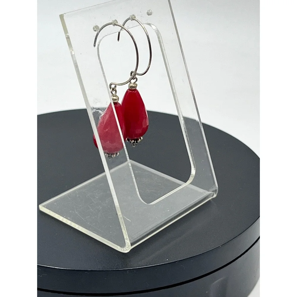 Genuine Red Jadeite‎ Sterling Silver 925 Dangle Earrings Faceted Teardrop 2